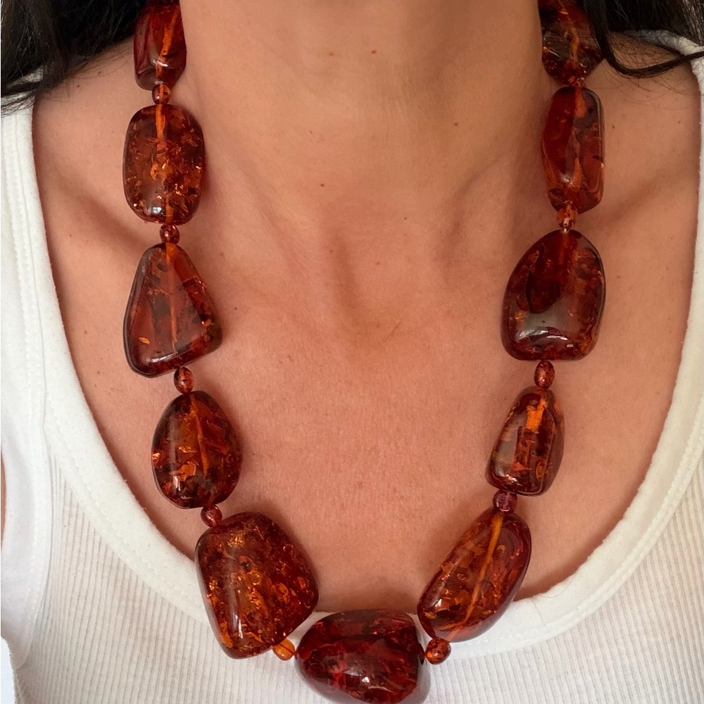 Vintage Amber Beaded Statement Necklace - Rich Cognac Brown